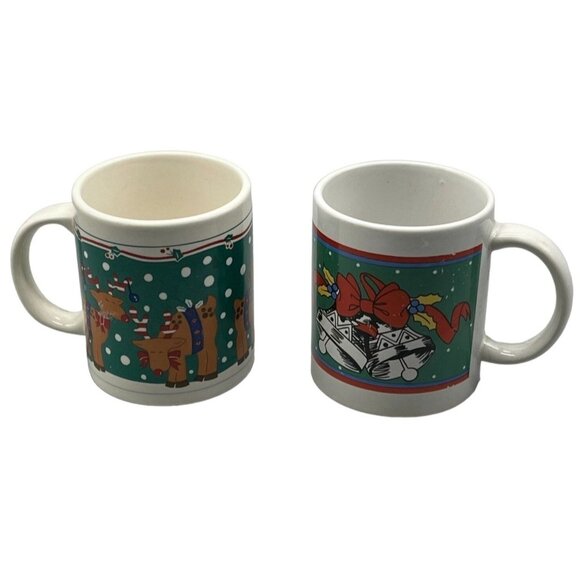 Christmas coffee hot chocolate mugs set of 2 one with reindeer brown green READ - Picture 1 of 6